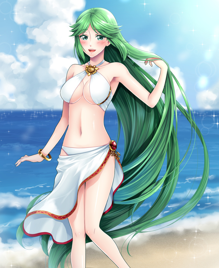 1girl, beach, bikini, blush, breasts, green_eyes, green_hair, highres