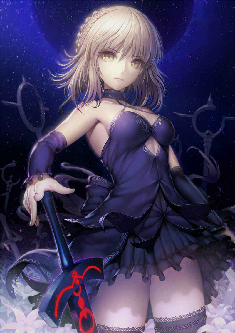 1girl, artoria_pendragon_(all), bangs, blonde_hair, breasts, dark_excalibur, dark_persona, detached_sleeves