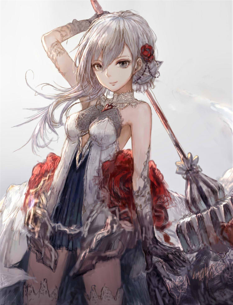 1girl, blush, breasts, cleavage, closed_mouth, eyebrows_visible_through_hair, flower, grey_eyes