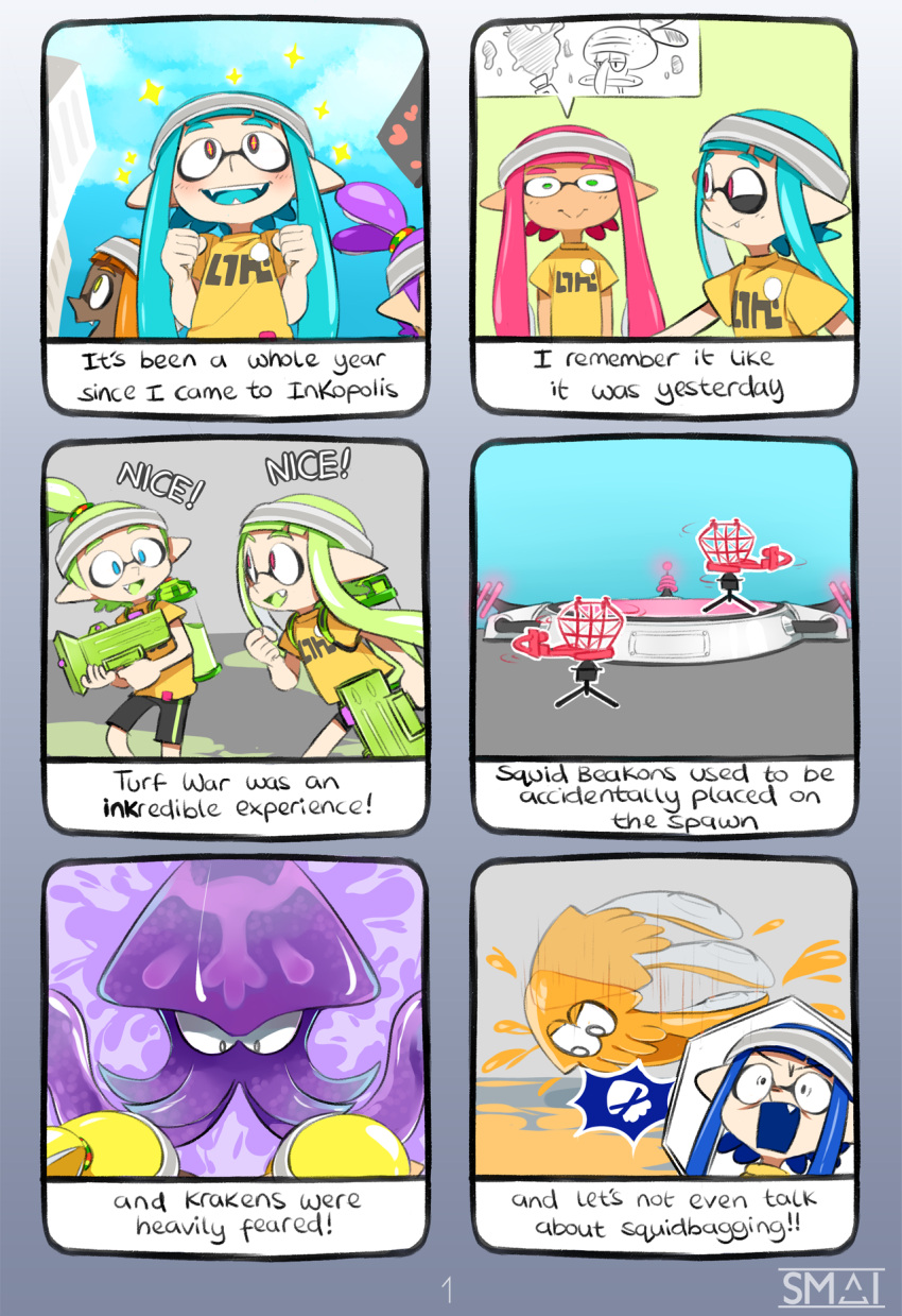2boys, 3d_rod!, 6+girls, aqua_hair, aqua_tongue, bangs, black_shorts, blonde_hair, blue_hair, blue_tongue, blunt_bangs, clouds, cloudy_sky, comic, commentary, day, domino_mask, english, fang, fangs, green_eyes, green_tongue, headband, highres, holding, holding_weapon, inkling, inkling_(language), kraken_(splatoon), mask, multiple_boys, multiple_girls, open_mouth, orange_hair, outdoors, pink_hair, pointy_ears, print_shirt, scrunchie, shirt, shorts, single_vertical_stripe, sky, smile, sparkle, splatoon, splattershot_jr_(splatoon), squid, squid_beakon_(splatoon), tentacle_hair, topknot, violet_eyes, weapon, yellow_shirt