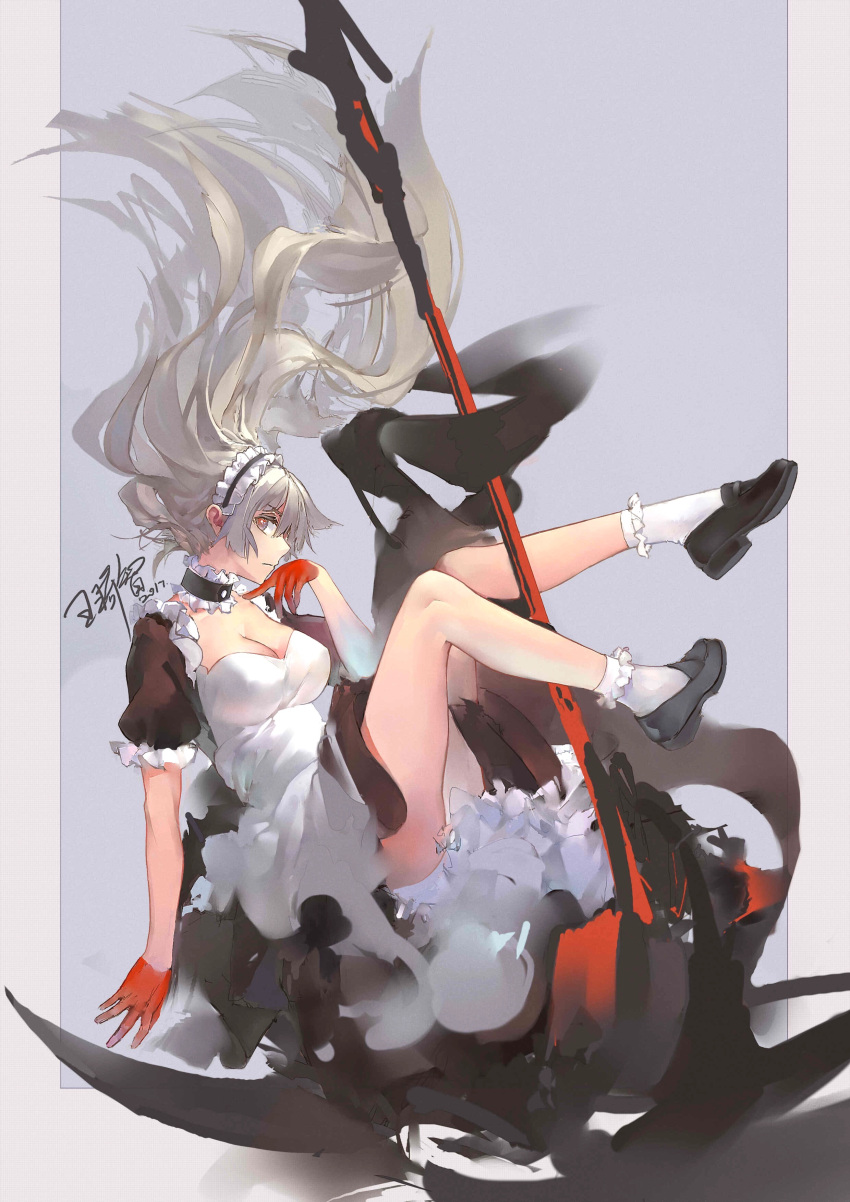 1girl, absurdres, breasts, cleavage, closed_mouth, eyebrows_visible_through_hair, grey_eyes, grey_hair