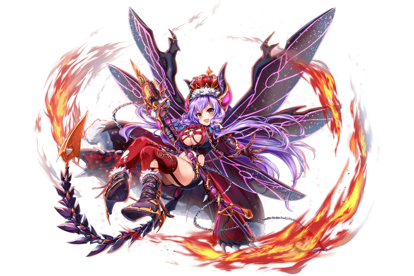 1girl, arm_belt, beelzebub_(kami_project), belt, boots, bow, breasts, cape, cleavage, cleavage_cutout, crown, demon_girl, demon_horns, demon_tail, dmm, fingernails, fire, front_ponytail, full_body, fur, fur_trim, hair_bow, high_heel_boots, high_heels, horns, insect_wings, kami_project, large_breasts, long_fingernails, long_hair, looking_at_viewer, magic, microphone, microphone_stand, microskirt, midriff, navel, o-ring_top, official_art, open_mouth, purple_hair, skirt, skull, smile, solo, tail, thigh-highs, thorns, torn_clothes, torn_thighhighs, very_long_hair, wings, yellow_eyes
