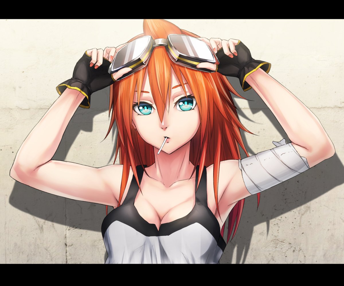 1girl, amano_tora, armpits, arms_up, bandage, bandaged_arm, bare_shoulders, black_gloves