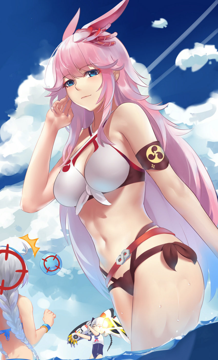 1girl, absurdres, animal_ears, armband, arms_up, bangs, benghuai_xueyuan, bikini