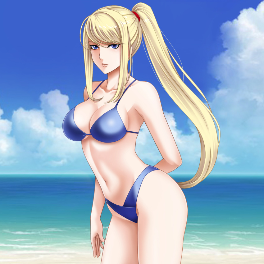 1girl, beach, bikini, blonde_hair, blue_bikini, blue_eyes, clouds, cowboy_shot