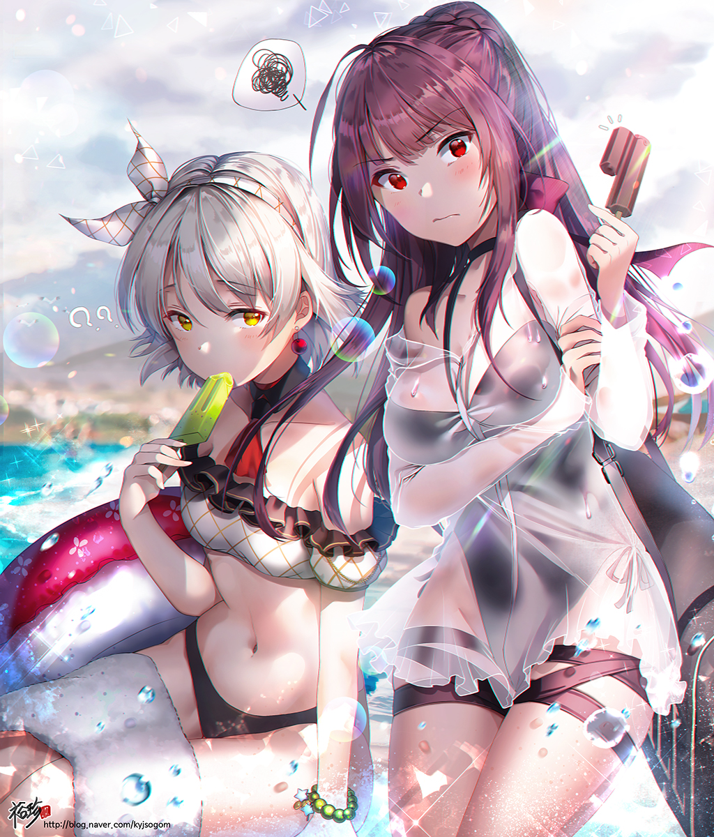 2girls, blush, breasts, brown_hair, cleavage, eyebrows_visible_through_hair, food, girls_frontline