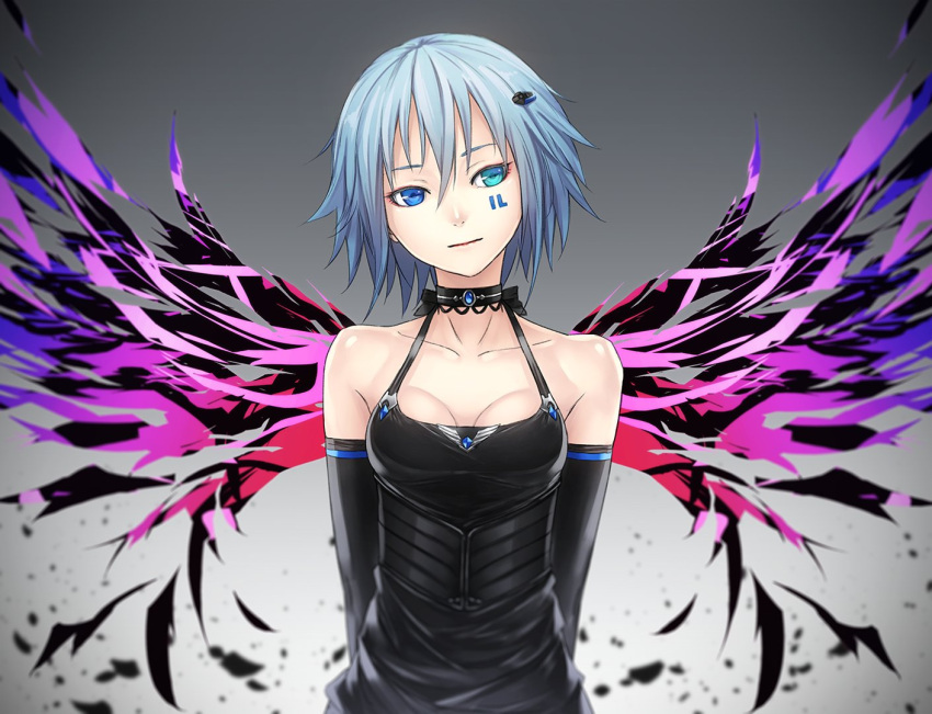 1girl, aqua_eyes, bare_shoulders, black_choker, black_dress, blue_eyes, blue_hair, breasts