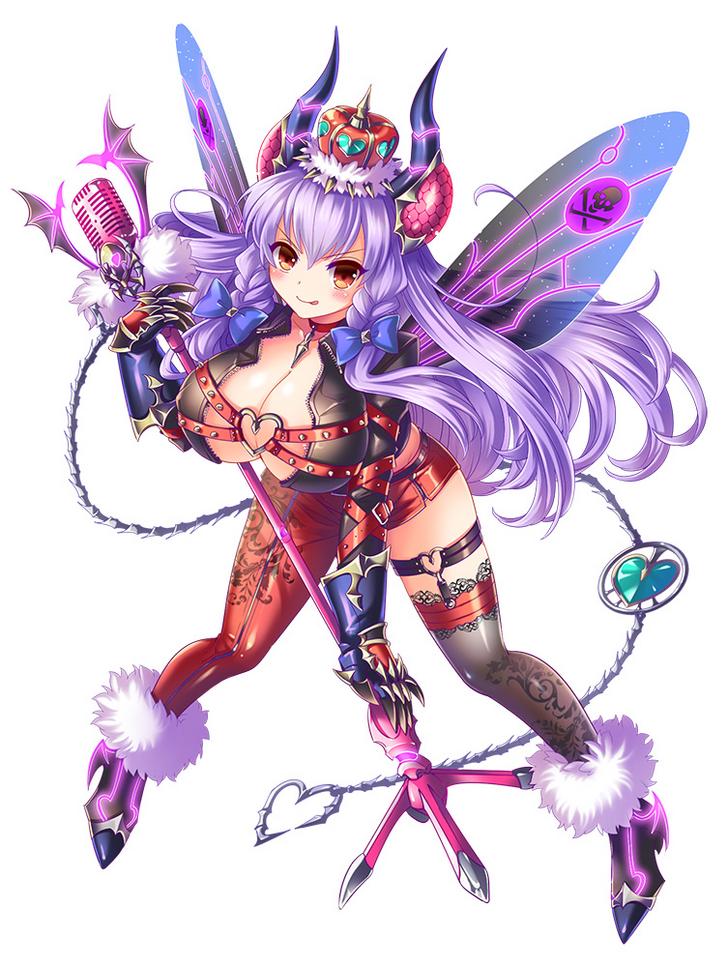 1girl, :p, asymmetrical_legwear, bat_wings, beelzebub_(kami_project), belt, belt_buckle, bow, braid, breasts, buckle, choker, cleavage, crown, demon_girl, demon_horns, front_braid, full_body, fur_trim, garter_straps, gloves, hair_bow, heart, horns, huge_breasts, insect_wings, jacket, kami_project, leaning_forward, long_hair, long_sleeves, looking_at_viewer, microphone, microphone_stand, open_clothes, open_jacket, ornate_clothing, purple_hair, skull_and_crossbones, smile, solo, standing, thigh-highs, tongue, tongue_out, very_long_hair, wings, yellow_eyes