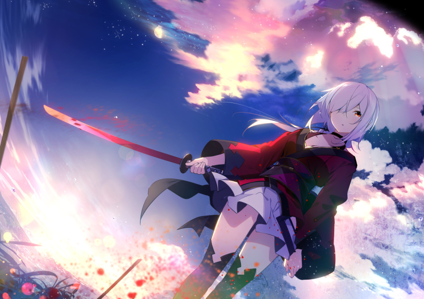1girl, benio_(dontsugel), black_legwear, blue_sky, choker, clouds, cloudy_sky, doumeki_(benio), holding, japanese_clothes, katana, kimono, long_hair, obi, original, parted_lips, red_eyes, sash, shade, sky, solo, sword, thigh-highs, weapon, white_hair, wind, yukata, zettai_ryouiki