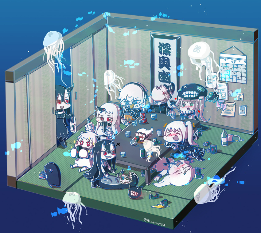 >_<, 6+girls, :d, absurdly_long_hair, abyssal_admiral_(kantai_collection), ahoge, aircraft_carrier_oni, battleship_hime