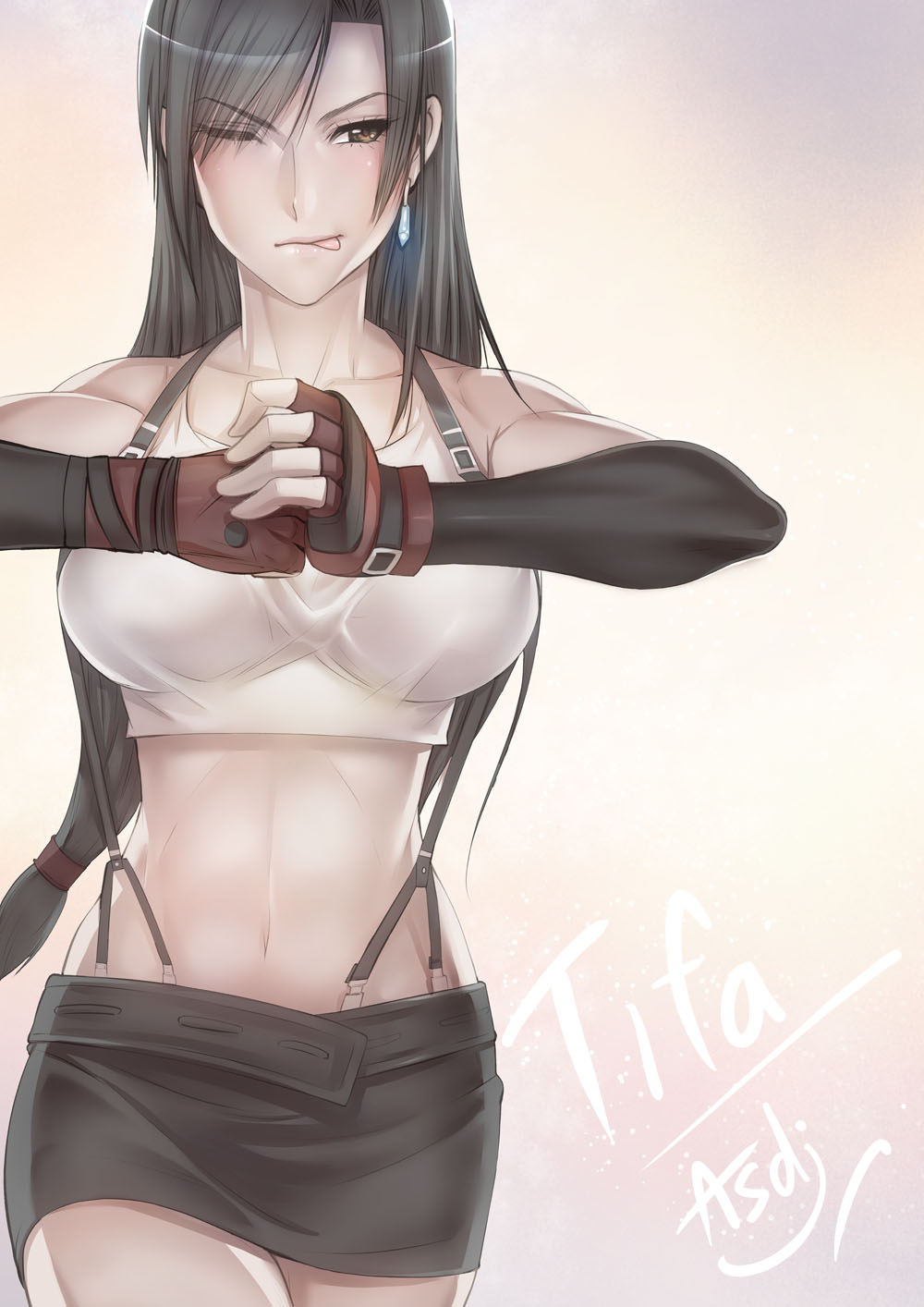 >;p, 1girl, artist_name, asdj, bare_shoulders, black_hair, breasts, brown_eyes