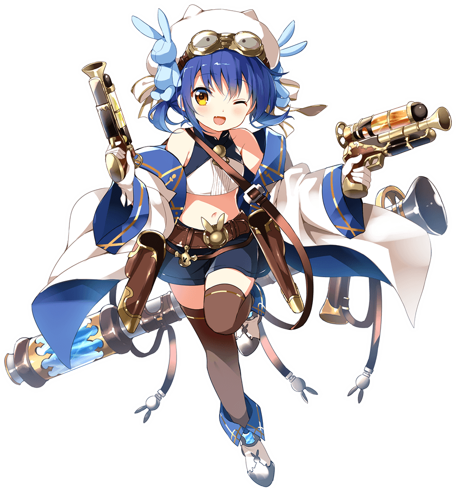 1girl, ;d, airship, animal, ankle_boots, april_fools, bare_shoulders, black_hat, blue_hair, blue_skirt, blue_sky, blush_stickers, boots, brown-framed_eyewear, brown_legwear, bunny_hair_ornament, chimame_chronicle, clothed_animal, clouds, collarbone, crop_top, day, dual_wielding, full_body, gochuumon_wa_usagi_desu_ka?, goggles, goggles_on_head, gun, hair_ornament, hat, holding, holding_gun, holding_weapon, jacket, jouga_maya, koi_(koisan), long_sleeves, looking_at_viewer, navel, off_shoulder, official_art, one_eye_closed, open_clothes, open_jacket, open_mouth, outdoors, skirt, sky, smile, star, stomach, stuffed_animal, stuffed_bunny, stuffed_toy, thigh-highs, transparent_background, trigger_discipline, weapon, white_boots, white_hat, white_jacket, wide_sleeves, yellow_eyes, zettai_ryouiki