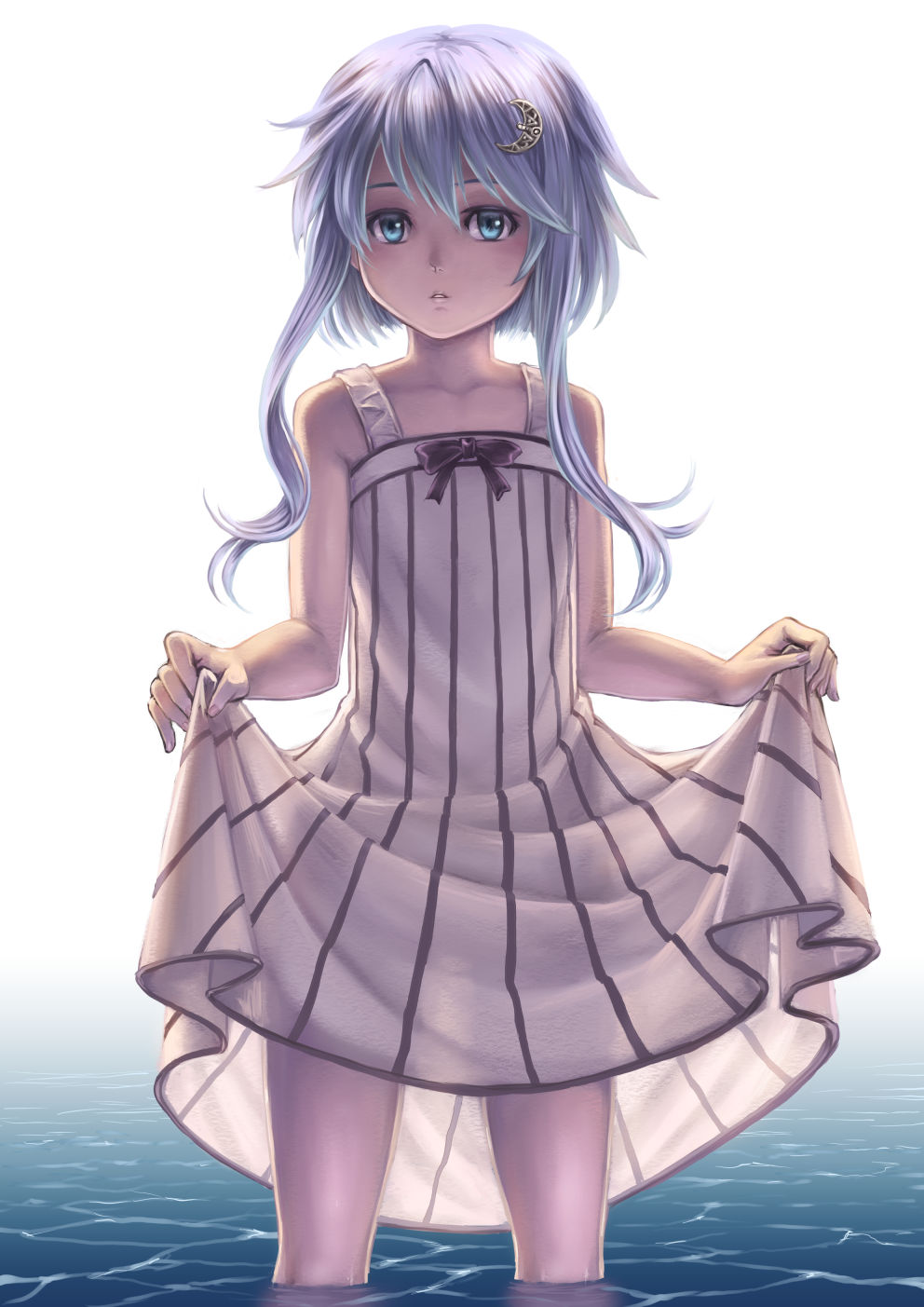 1girl, black_bow, blue_eyes, bow, collarbone, crescent, crescent_hair_ornament, dress