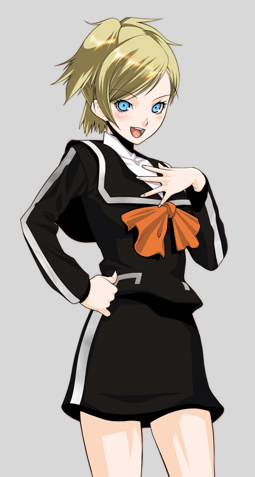 blue_eyes, hand_on_own_chest, izumi_(pixiv10995), izumi_(walnov), lisa_silverman, persona, persona_2, school_uniform, simple_background, solo