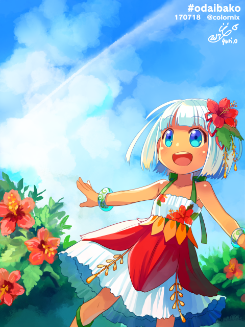 1girl, :o, artist_name, blue_eyes, blue_sky, bob_cut, bracelet, clouds, colornix, dark_skin, day, flower, hibiscus, jewelry, original, outdoors, short_hair, sky, smile, solo, standing, summer, white_hair