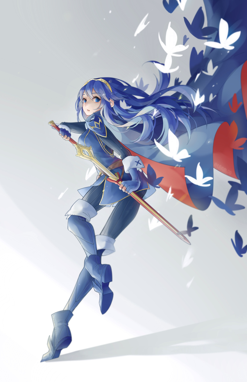 1girl, aya_(8819062), blue_eyes, blue_hair, butterfly, cape, fire_emblem, fire_emblem:_kakusei, highres, holding, holding_sword, holding_weapon, looking_at_viewer, lucina, simple_background, solo, sword, unsheathed, weapon