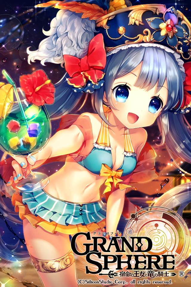 1girl, :d, bikini_skirt, blue_eyes, blue_hair, blue_nails, bow, bracelet, breasts, cleavage, cocktail_flower, cocktail_glass, copyright_name, cup, drinking_glass, drinking_straw, food, front-tie_top, fruit, grand_sphere, hair_bow, halterneck, hand_on_leg, hat, hat_feather, holding_glass, jewelry, leaning_forward, lemon, lemon_slice, long_hair, looking_at_viewer, midriff, mizumori_(xcllcx), nail_polish, navel, night, official_art, open_mouth, pirate_hat, red_bow, small_breasts, smile, solo, thighlet, twintails, water_drop, yellow_bow