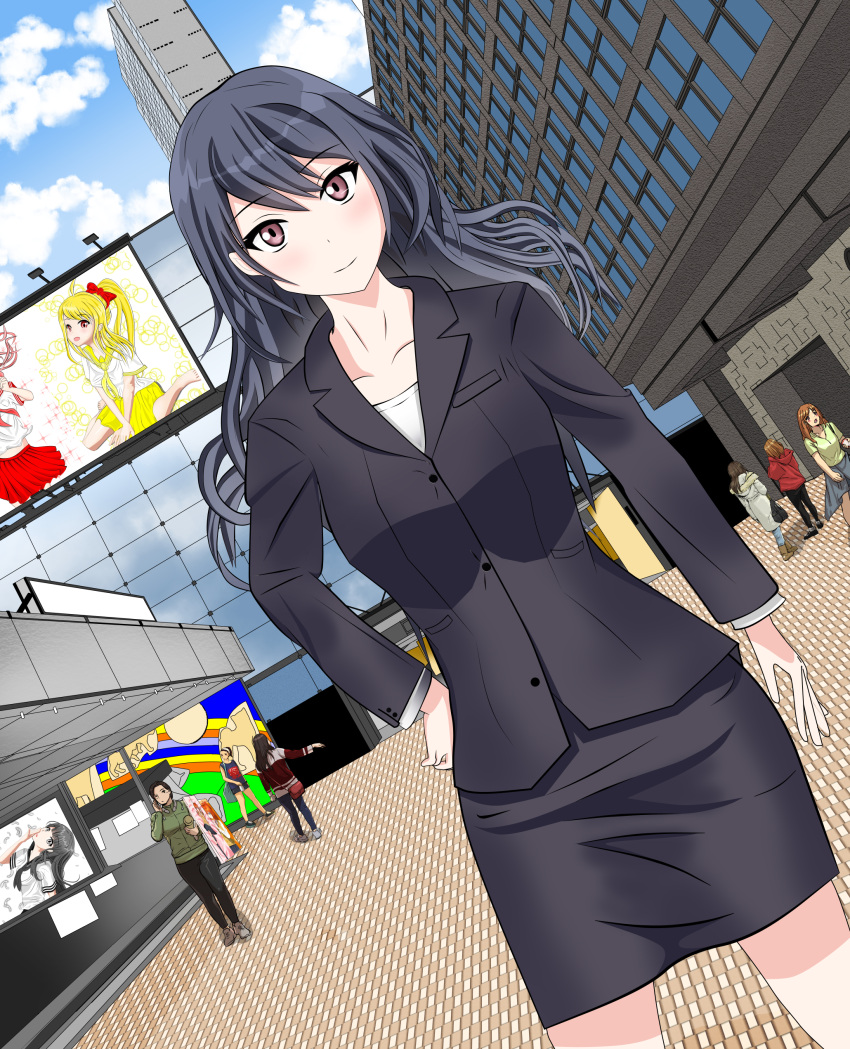 1girl, absurdres, artist_request, bangs, black_skirt, blue_hair, dutch_angle, formal