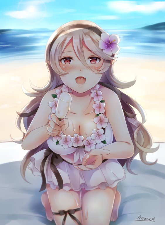 1girl, ayame_(norie11), beach, bikini, bikini_skirt, black_ribbon, blush, breasts, cleavage, day, eyebrows_visible_through_hair, female_my_unit_(fire_emblem_if), fire_emblem, fire_emblem_heroes, fire_emblem_if, flower, food, hair_between_eyes, hair_flower, hair_ornament, hairband, hibiscus, holding, ice_cream, kneeling, leg_ribbon, long_hair, looking_at_viewer, melting, my_unit_(fire_emblem_if), open_mouth, pointy_ears, popsicle, pov, pov_feeding, red_eyes, ribbon, shade, signature, skirt, sky, smile, solo, swimsuit, wavy_hair, white_hair