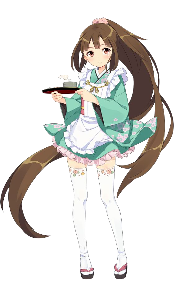1girl, apron, brown_hair, cup, full_body, hair_ornament, long_hair, maid_apron