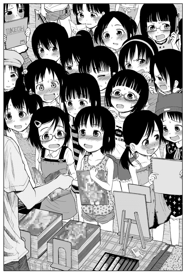 book, censored, child, glasses, ikagawa, monochrome, quzilax, short_hair