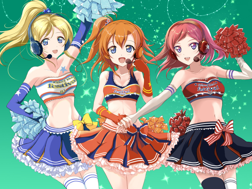 3girls, 41y_(yooichiwai), :d, alternate_costume, aqua_background, arm_up, asymmetrical_legwear, ayase_eli