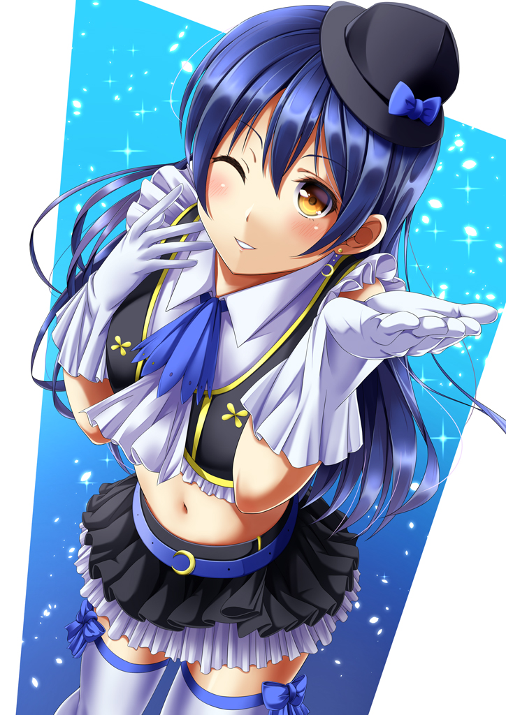 1girl, belt, black_hat, black_skirt, blue_bow, blue_hair, bow, crop_top