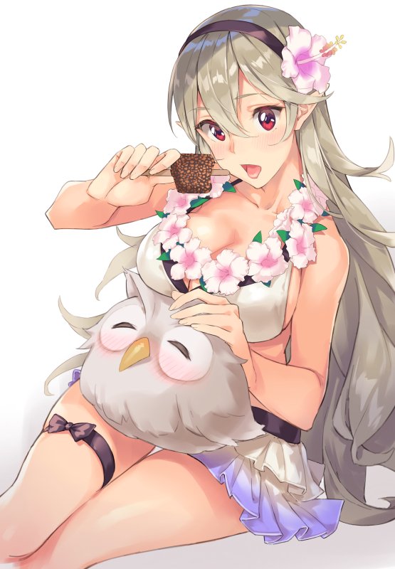 1girl, bare_shoulders, bikini, bird, blush, breasts, cleavage, feh_(fire_emblem_heroes), fire_emblem, fire_emblem_heroes, flower, food, grey_hair, hair_flower, hair_ornament, hairband, long_hair, looking_at_viewer, my_unit_(fire_emblem_if), open_mouth, owl, popsicle, red_eyes, skirt, swimsuit, thigh_strap, white_background, yomo_(majidon)