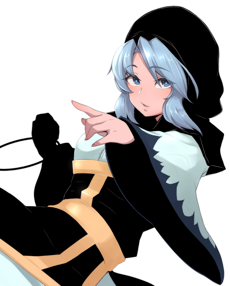 1girl, blue_eyes, blue_hair, blush, from_side, highres, hood, kesa