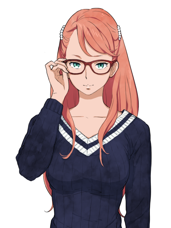1girl, aida_rayhunton, breasts, glasses, green_eyes, gundam, gundam_g_no_reconguista, kei-co, long_hair, looking_at_viewer, orange_hair, pink_hair, smile, solo, sweater