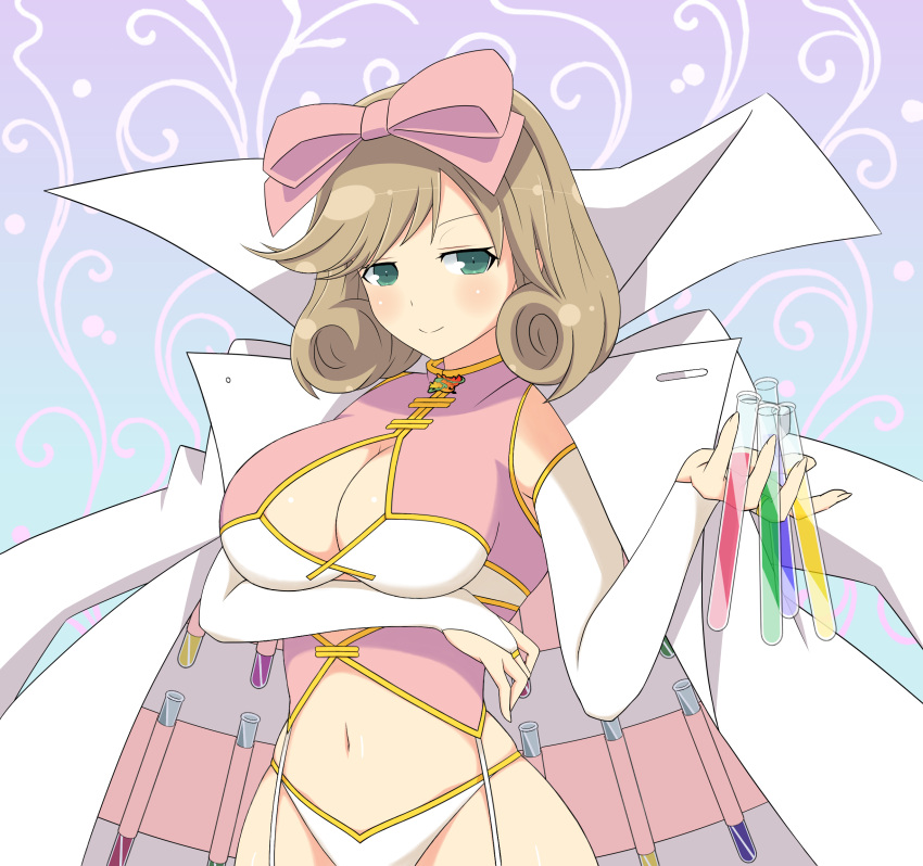 1girl, blush, bow, breast_hold, breasts, bridal_gauntlets, brown_hair, cleavage, cleavage_cutout, closed_mouth, cowboy_shot, gomakyu, green_eyes, hair_bow, haruka_(senran_kagura), highres, labcoat, large_breasts, looking_at_viewer, navel, panties, pink_bow, senran_kagura, senran_kagura_(series), short_hair, smile, solo, stomach, test_tube, underwear, white_panties