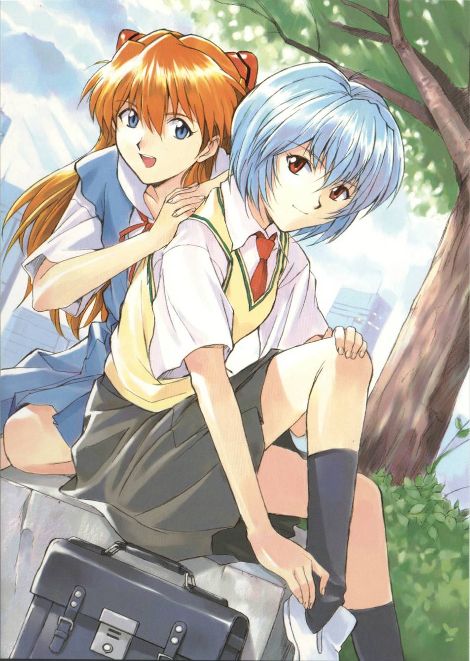 ayanami_rei, bag, blue_eyes, blue_hair, dress, dutch_angle, girlfriend_of_steel, hands_clasped