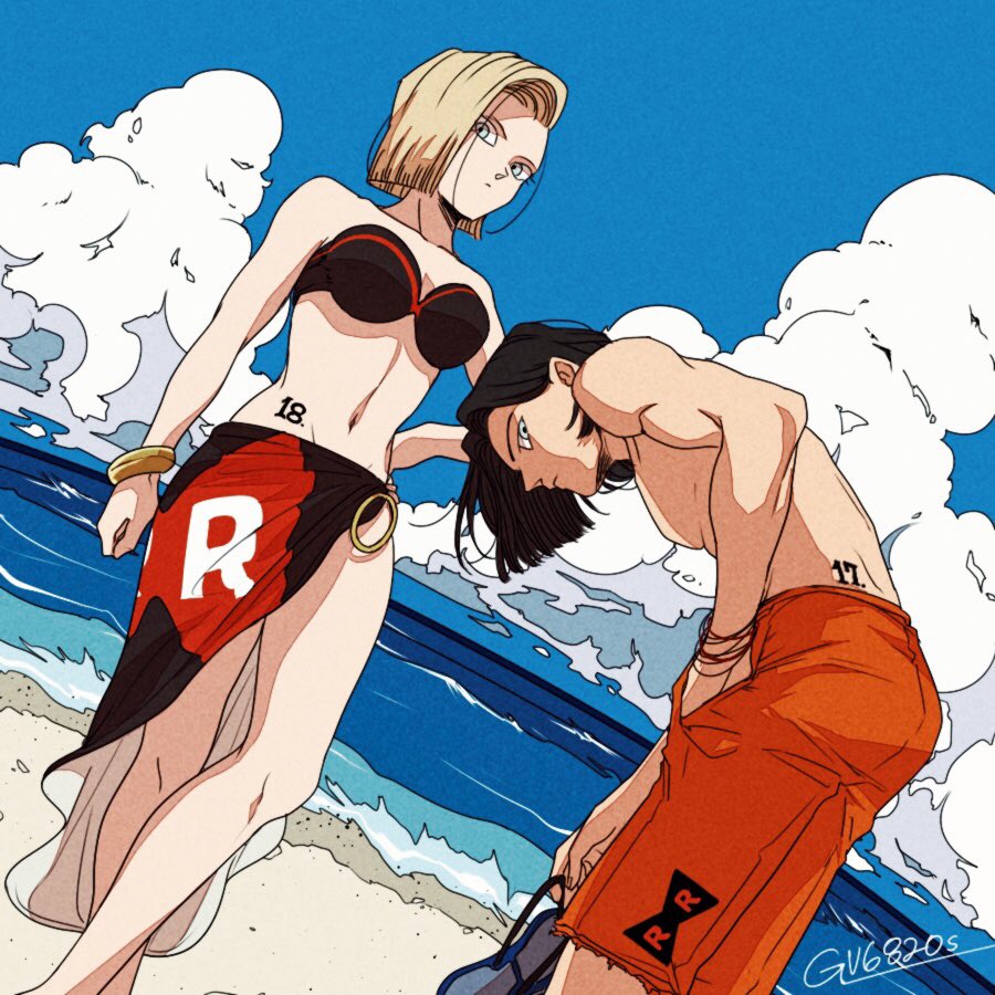 1boy, 1girl, android_17, android_18, beach, bikini, black_hair, blonde_hair, blue_eyes, breasts, cleavage, dragon_ball, dragonball_z, flip-flops, grey_eyes, groin, hand_in_pocket, hand_on_hip, large_breasts, leaning_forward, legs_crossed, looking_at_viewer, male_swimwear, muscle, navel, ocean, red_ribbon, red_ribbon_army, ribbon, sandals, sarong, short_hair, swim_trunks, swimsuit, swimwear, tama_azusa_hatsu, tattoo, water