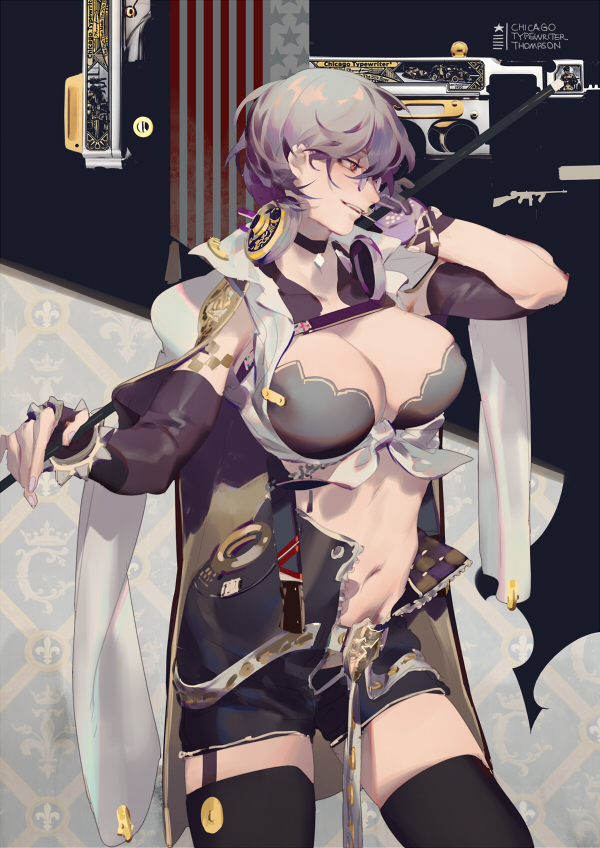 1girl, american_flag, bra, breasts, choker, cleavage, elbow_gloves, fingerless_gloves