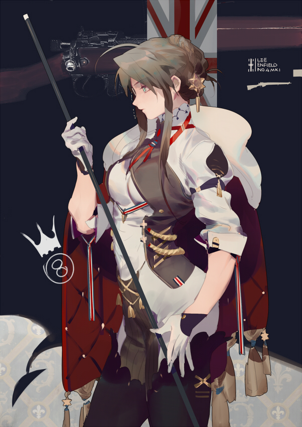 1girl, blue_eyes, brown_hair, cape, girls_frontline, gloves, hair_bun, hair_ornament