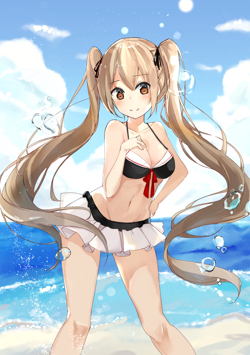 1girl, adapted_costume, bikini, black_bikini, breasts, brown_eyes, clouds, cloudy_sky