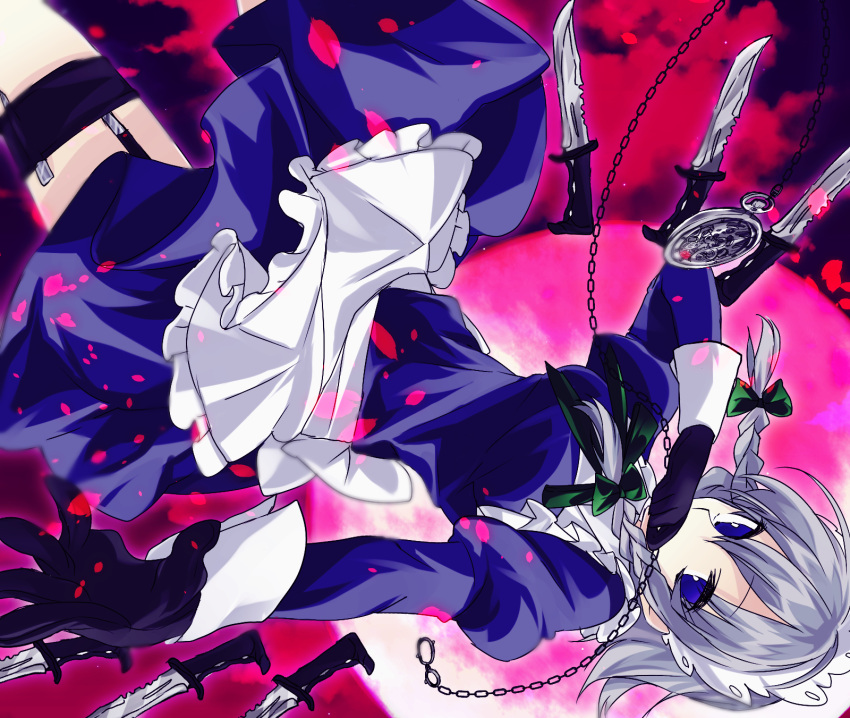 1girl, apron, backlighting, black_gloves, blue_dress, blue_eyes, bow, braid
