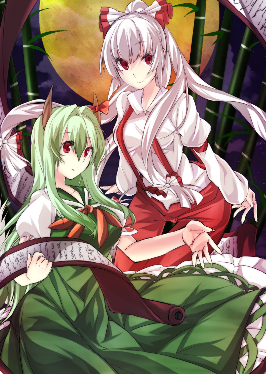 2girls, bamboo, bangs, bow, breasts, chada_atariatama, closed_mouth, collared_shirt, cowboy_shot, dress, ex-keine, fujiwara_no_mokou, full_moon, green_dress, green_hair, hair_between_eyes, hair_bow, highres, horn_bow, horns, juliet_sleeves, kamishirasawa_keine, large_breasts, long_hair, long_sleeves, looking_at_viewer, medium_breasts, moon, multiple_girls, pants, ponytail, puffy_short_sleeves, puffy_sleeves, red_bow, red_eyes, red_pants, scroll, shirt, short_sleeves, smile, suspenders, touhou, very_long_hair, white_hair, white_shirt