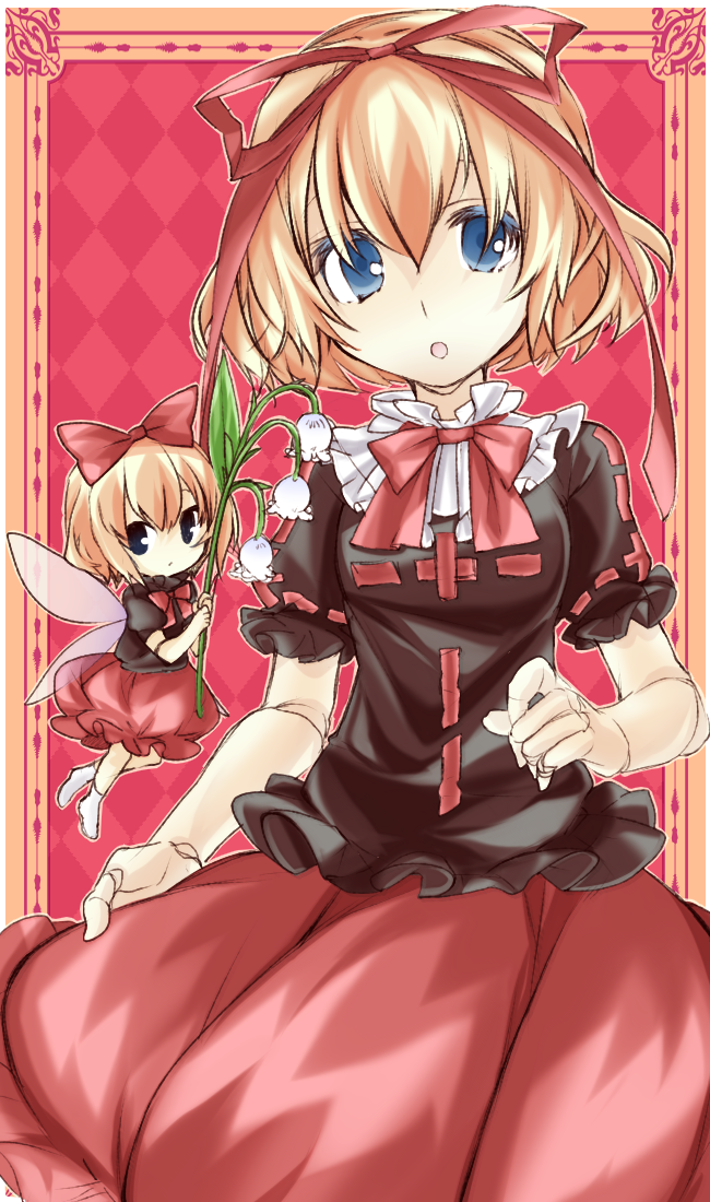 1girl, :o, bangs, black_shirt, blonde_hair, blue_eyes, breasts, chada_atariatama