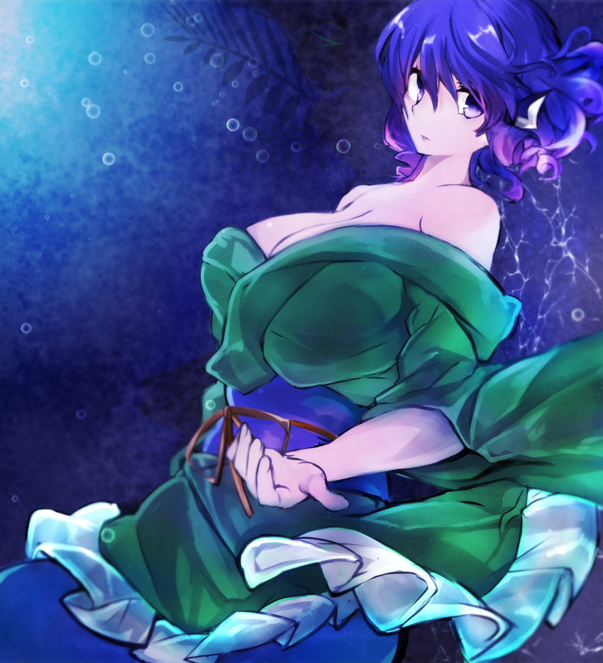1girl, air_bubble, blue_hair, breasts, chada_atariatama, cleavage, cowboy_shot, fish_tail