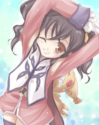 akudama_geku, anise_tatlin, black_hair, brown_eyes, doll, gloves, smile, stretch, stretching, tales_of_(series), tales_of_the_abyss, tokunaga, twintails, wink