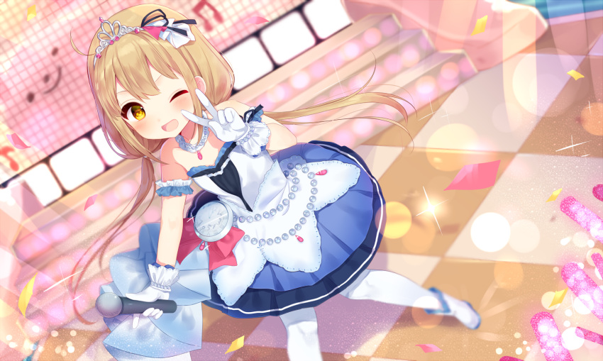 1girl, ;d, bangs, bare_shoulders, blush, brown_hair, checkered, checkered_floor
