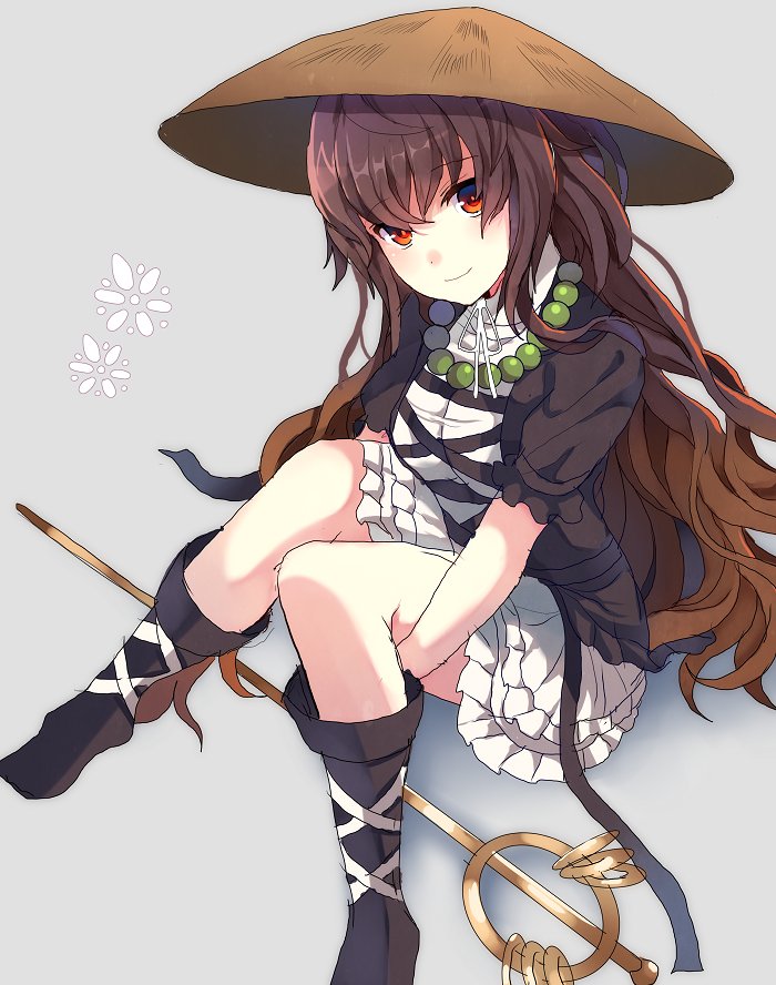 1girl, ajirogasa, bangs, beads, bow, breasts, brown_hair, closed_mouth