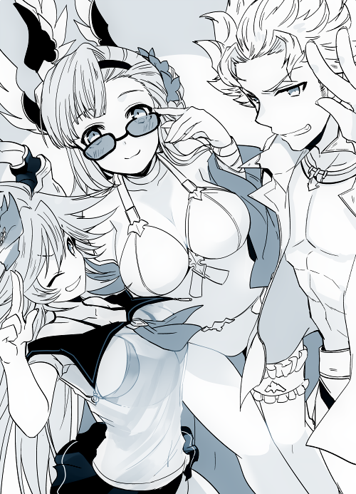 1boy, 2girls, alternate_costume, alternate_hairstyle, bikini, doraf, eyebrows_visible_through_hair, flower