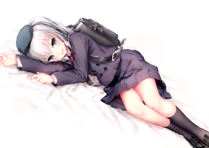 1girl, :d, alternate_costume, backpack, bag, beret, black_legwear, black_shoes