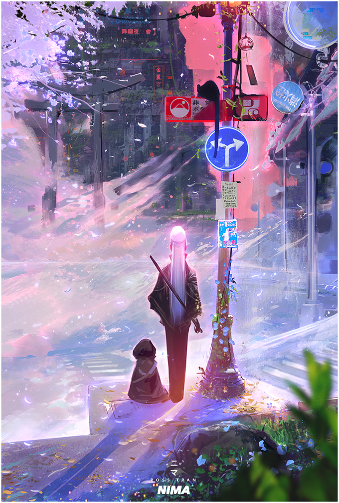 1girl, bag, black_cat, cat, from_behind, full_body, ice, japanese_clothes