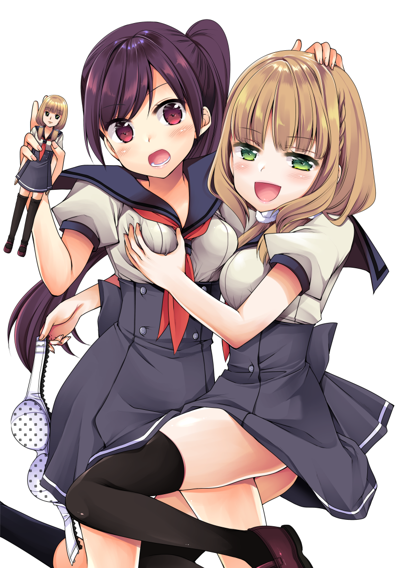 2girls, :d, black_legwear, blue_skirt, blush, bra, bra_removed, braid