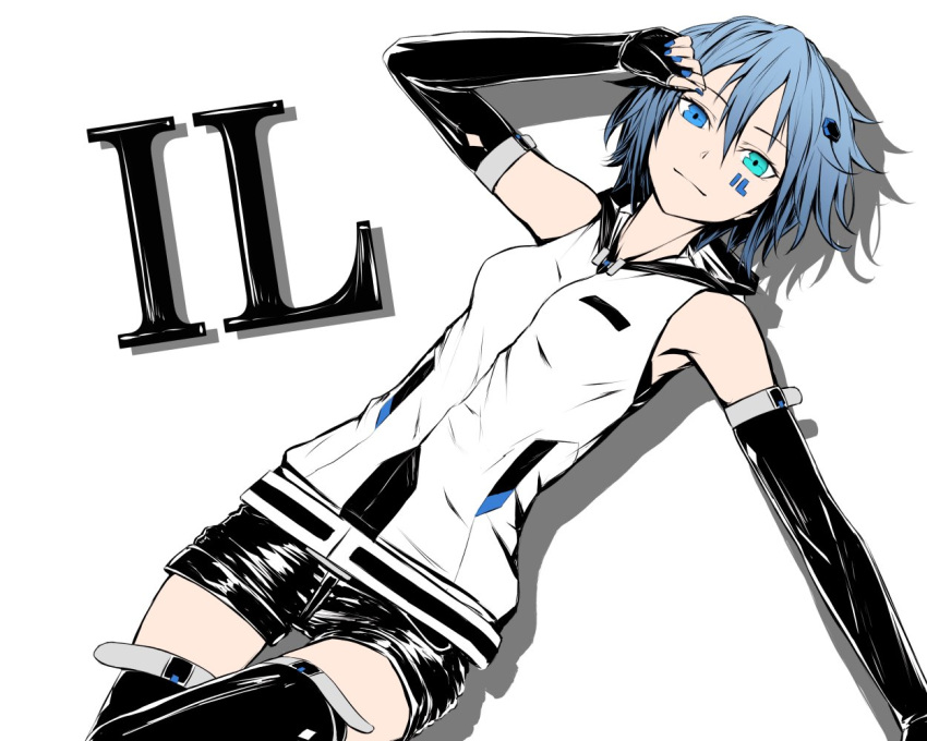 1girl, aqua_eyes, arm_belt, black_gloves, black_legwear, black_shorts, blue_eyes, blue_hair