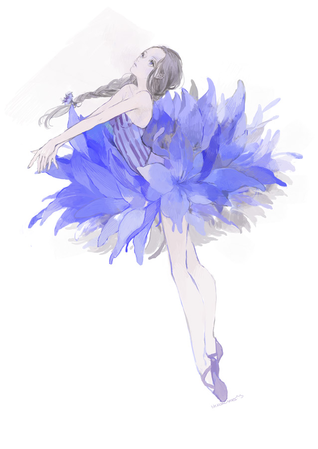 1girl, ballerina, ballet_slippers, bare_arms, bare_shoulders, blue_dress, blue_eyes, braid, commentary_request, cornflower, dress, expressionless, flower, from_side, full_body, grey_hair, hair_flower, hair_ornament, long_hair, looking_up, nekosuke_(oxo), original, outstretched_arms, simple_background, single_braid, solo, strapless, striped, tutu, vertical_stripes, white_background