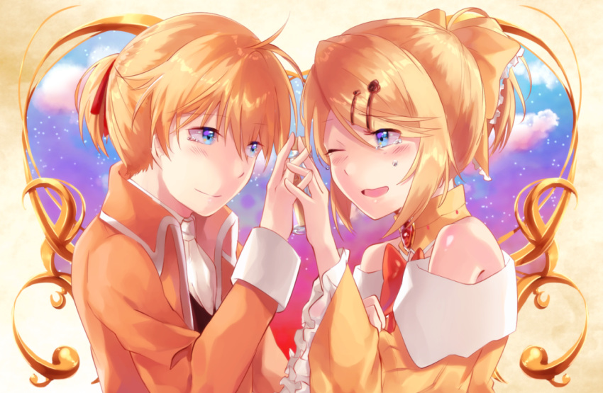 1boy, 1girl, allen_avadonia, bare_shoulders, blonde_hair, blue_eyes, blush, bow